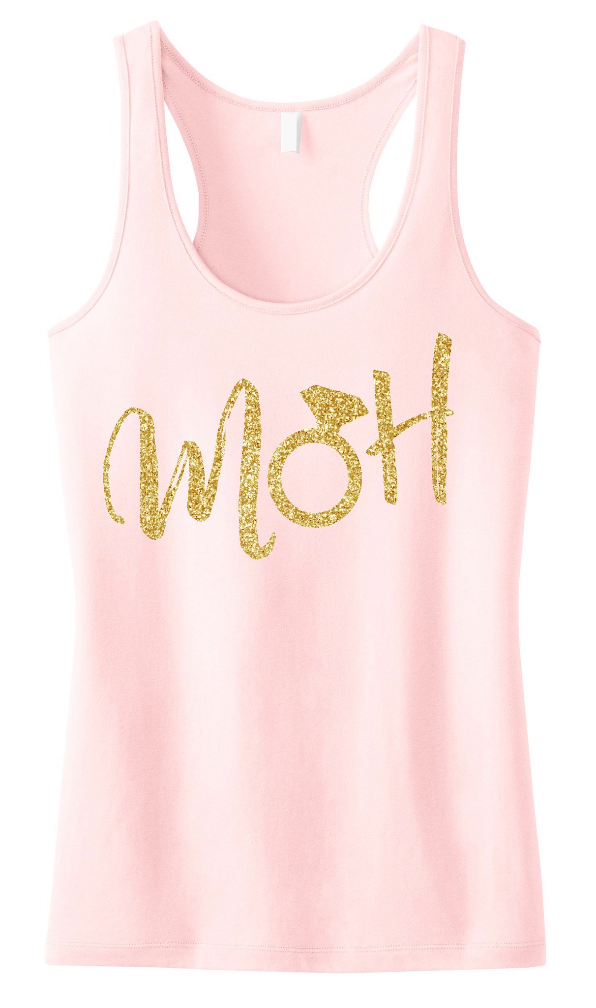 MOH Script Maid of Honor Tank Top featuring gold glitter design, available in black, blush, and navy blue colors.